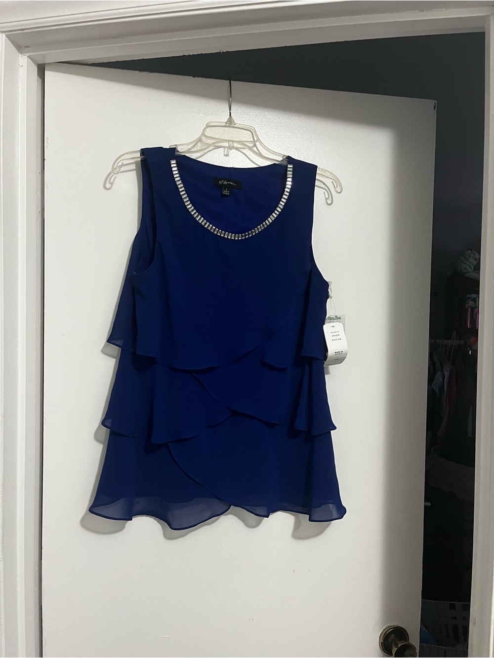 Tiered Chiffon Shell Dress with Embellished Neck in Royal Blue Brand New
